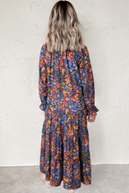 Blue Floral Print Tassel Tie V Neck Long Sleeve Flowy Long Dress