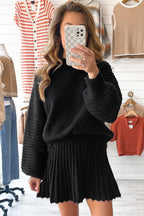 High Neck Puff Sleeve Sweater Pleated Mini Skirt 2pcs Knitted Outfit