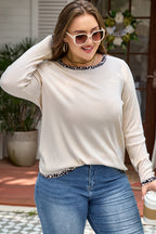 Parchment Ribbed Contrast Leopard Edge Round Neck Plus Knit Top
