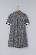 Black Leopard Print Contrast Striped Trim Polo Collar Short Sleeve Dress with Pockets