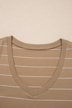 Khaki Stripe Casual Short Sleeve Side Slit Maxi T Shirt Dress