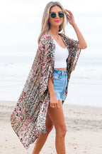 Apricot Floral Print Short Wide Sleeve Open Front Loose Kimono