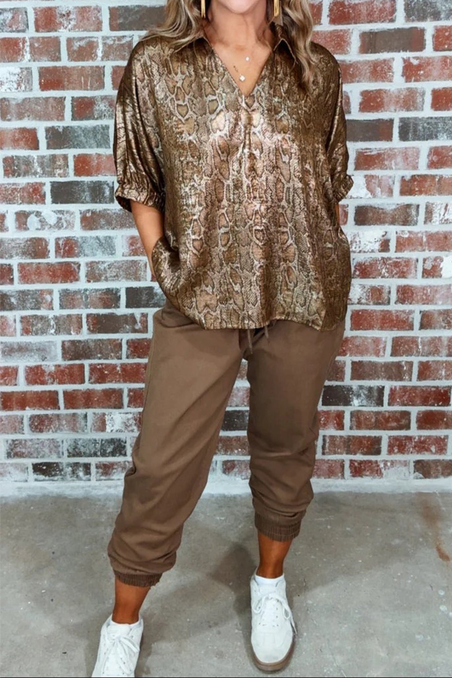 Brown Polo Collared V Neck Short Sleeve Metallic Leopard Blouse
