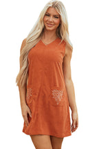Gold Flame Corduroy Western Embroidered Patched Pocket Shift Sleeveless Mini Dress