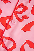 Pink 2pcs Bow Print Shirt Style Long Sleeve Pyjama Set