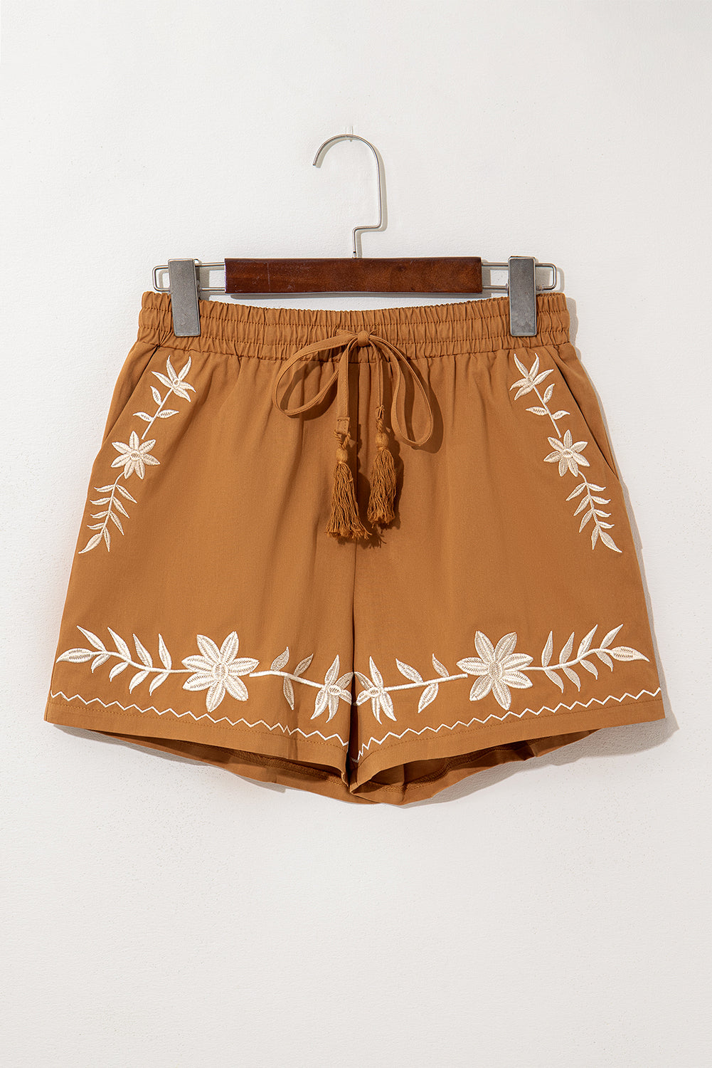 Khaki Embroidered Boho Tasseled Drawstring Elastic Waistband Casual shorts