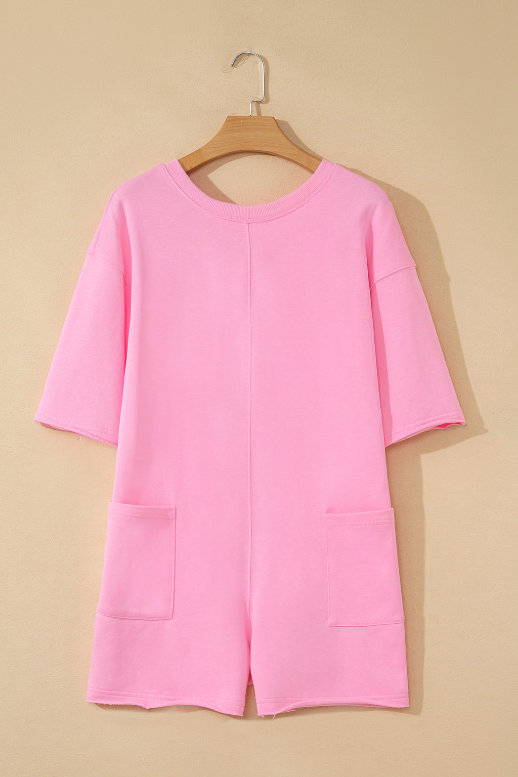 Pink Solid Color Raw Edge Half Sleeve Pocketed Loose Romper