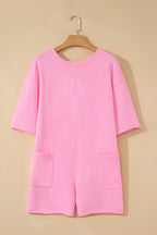 Pink Solid Color Raw Edge Half Sleeve Pocketed Loose Romper