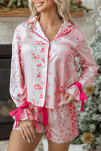 Pink Mixed Floral Print Contrast Piping Trim Satin Tie 2pcs Pajama Set