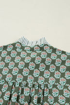 Green Contrast Striped Frilled Collar 3/4 Sleeve Plus Size Floral Dress