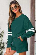 Varsity Striped Sleeve Drop Shoulder Sweatshirt and Short Set