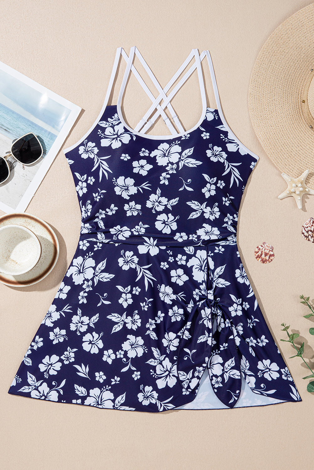 Blue Crossed Back Floral Print Asymmetric Knot Side One Piece Swimsuit