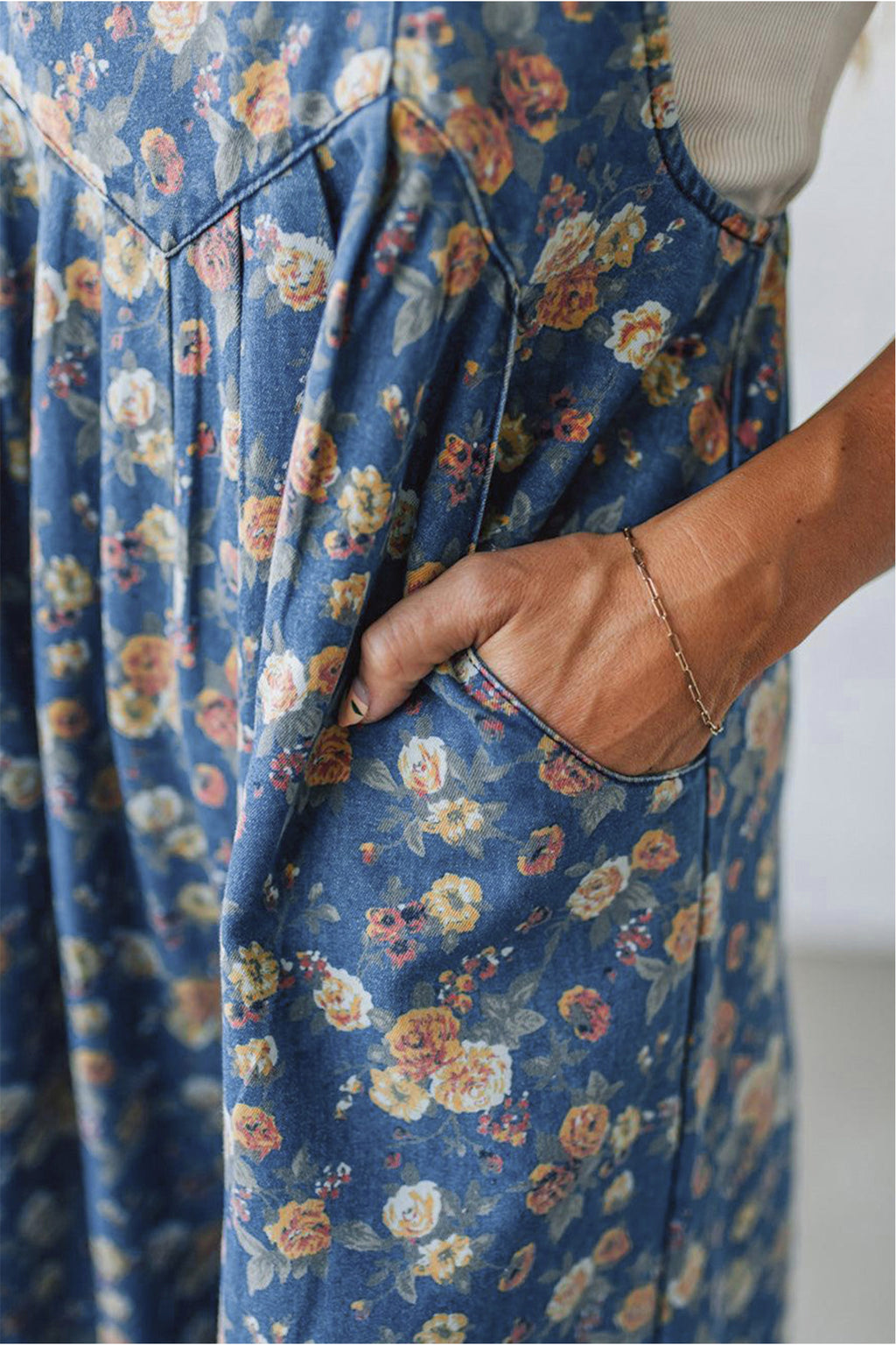 Blue Vintage Rose Printed Pleated Loose Denim Overall Jumpsuit