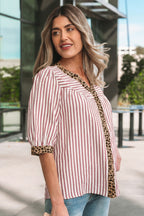 Leopard Trim V Neck Button Down Half Sleeve Shirt
