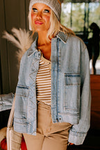 Beau Blue Street Style Zip Up Washed Denim Jacket