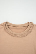 Light French Beige Braided Trim Puff Sleeve Dress