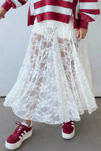 White Sheer Floral Lace Flowy Maxi Skirt