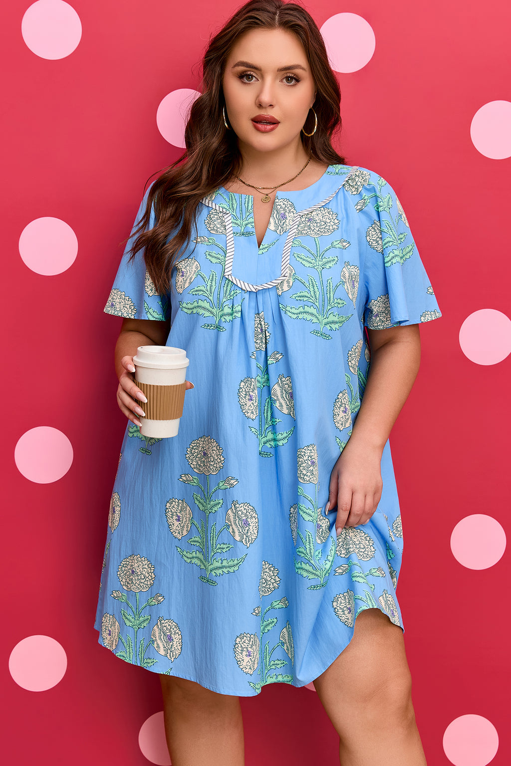 Sky Blue Plus Periwinkle Floral Printed Short Sleeve Striped Trim Split Neck Mini Dress