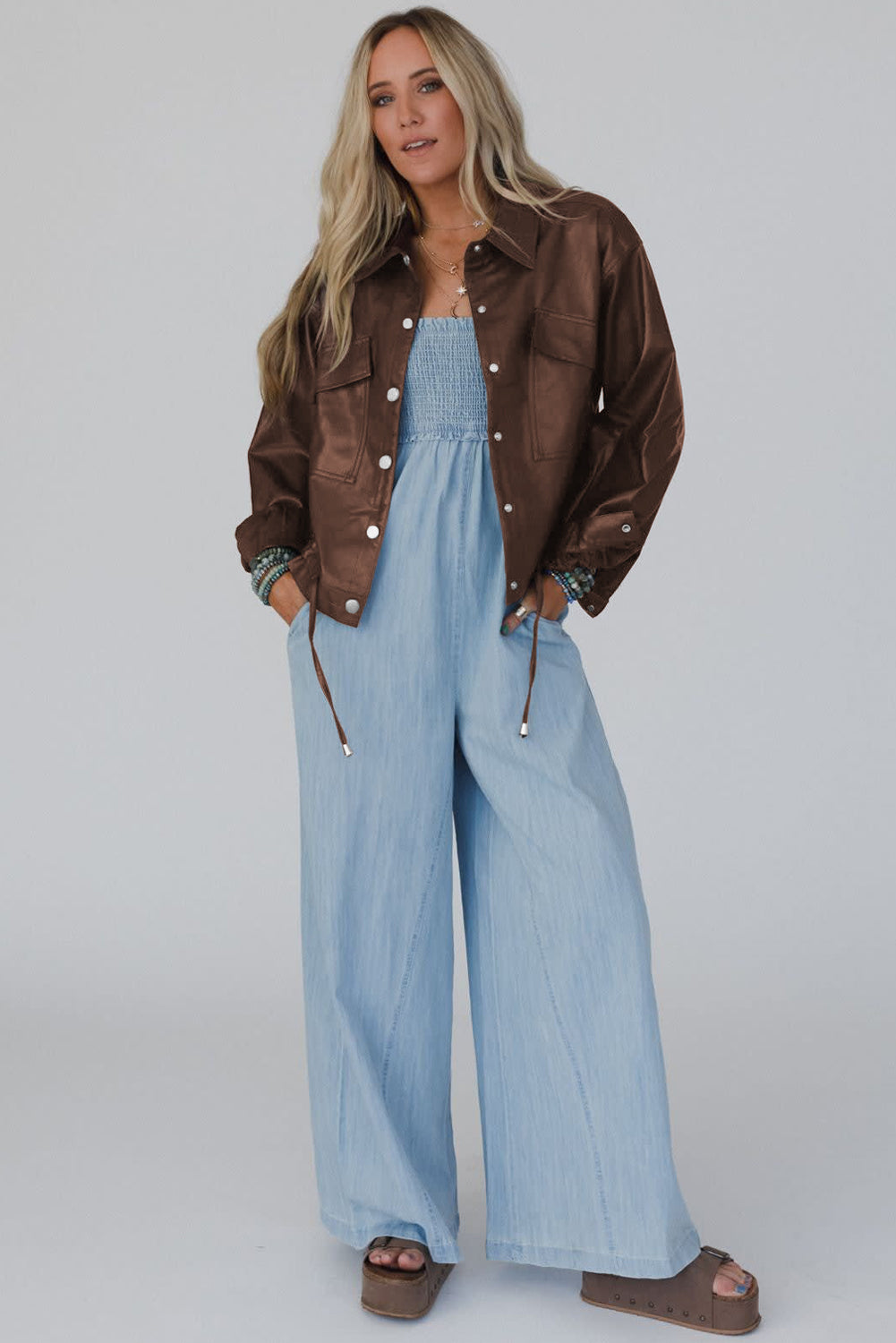 Chicory Coffee Double Flap Pocket Drawstring Hem Faux Leather Jacket