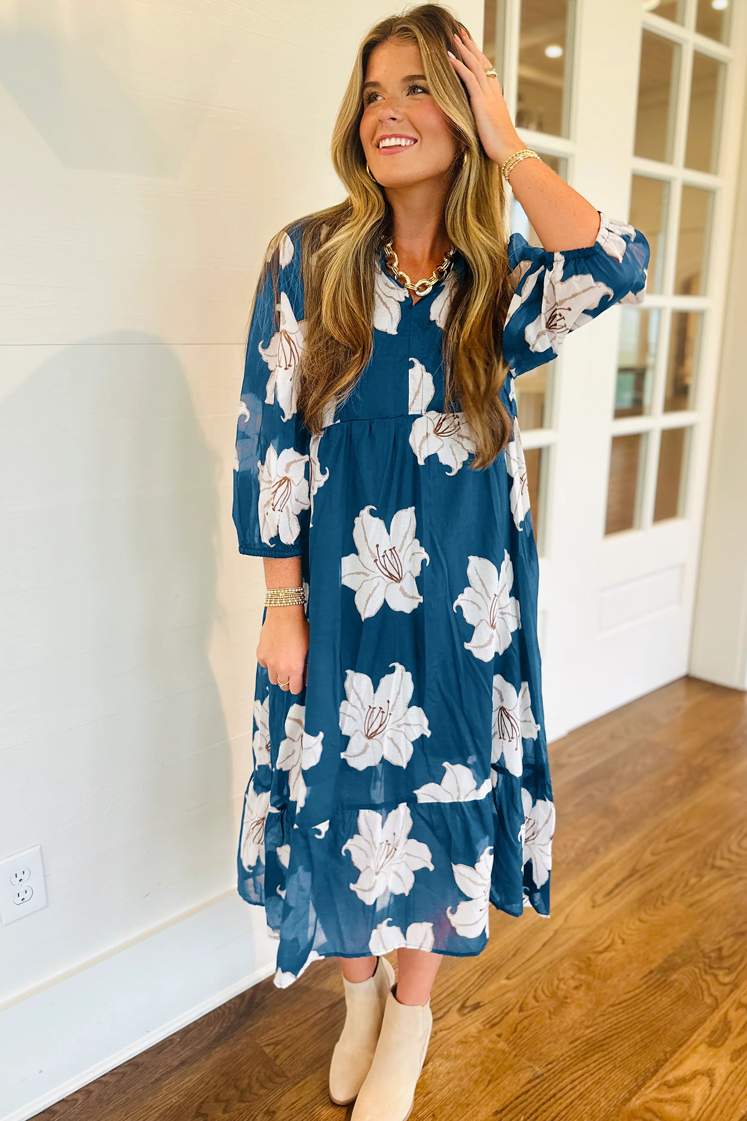 Blue Floral Print Shirt Collar V Neck 3/4 Sleeve Shift Midi Dress