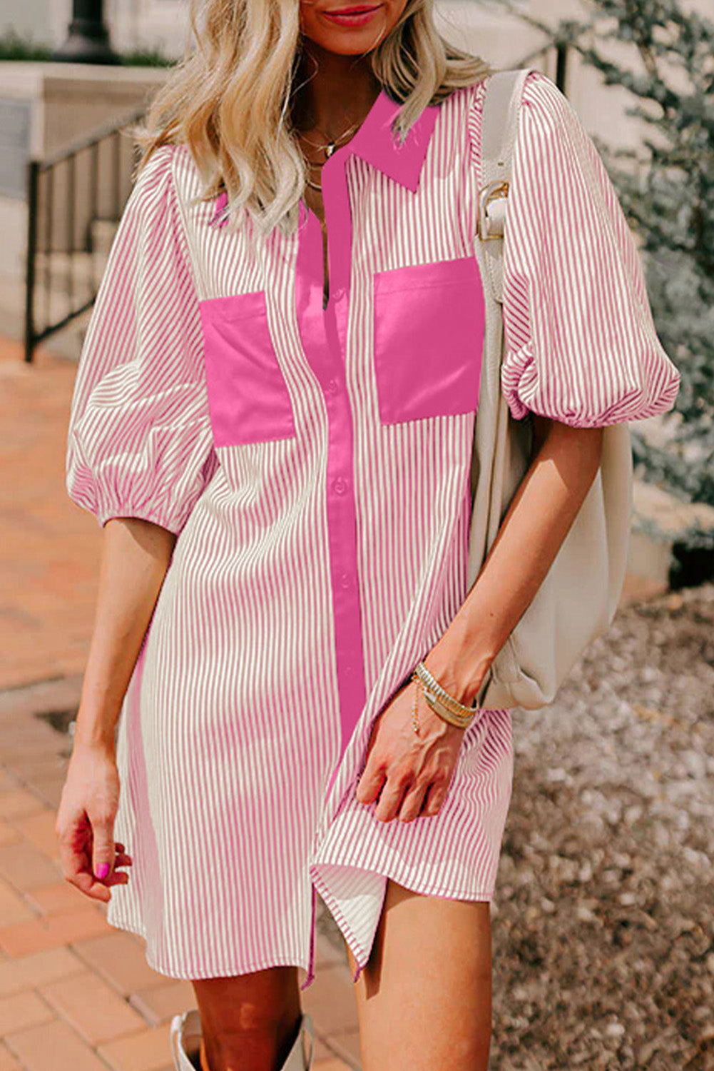 Color Block Patchwork Shirt Collar Button Down Puff Sleeve Mini Dress