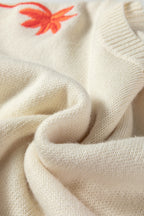 Beige Embroidered Floral Sleeve Round Neck Loose Sweater