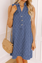Sail Blue Rhombus Textured Collar Buttoned V Neck Denim Sleeveless Mini Dress
