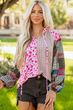 Pink Boho Mixed Floral Drop Shoulder Bubble Sleeve Blouse