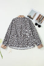 Multicolour Leopard Print Contrast Trim Button Split Neck Plus Long Sleeve Top