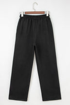 Black Fleece Lined Leopard Drawstring Elastic Waist Solid Pants
