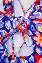 Floral Ruffle Trim V Neck Lace-up Back Tummy Control One Piece Swimsuit