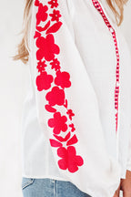 White Floral Embroidered Puff Long Sleeve Casual Shirt