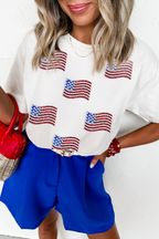 White Sequin American Flag Patched Casual T Shirt