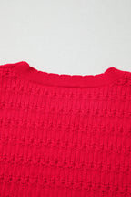 Fiery Red Trendy Pattern Knit Ribbed Cuffs Crew Neck Sweater