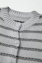 Gray Stripe Button Front Ribbed Trim Short Cardigan