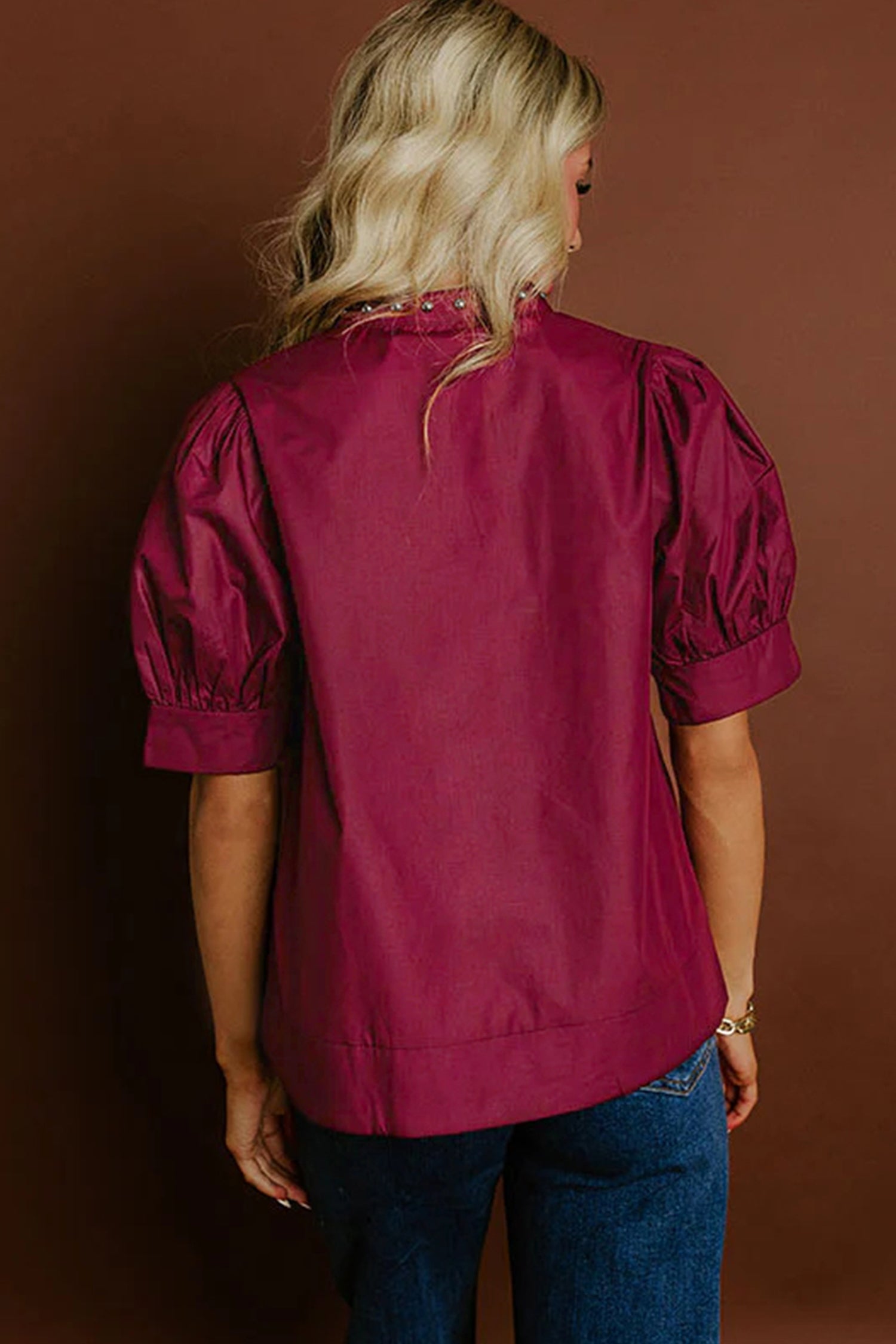 Burgundy Rivet Embellished V Neck Short Puff Sleeve Blouse