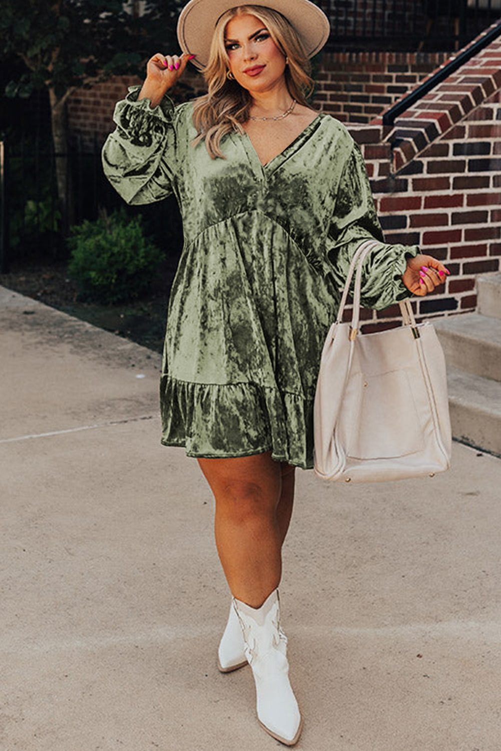 Plus Size Velvet Babydoll Mini Dress with Puff Sleeve