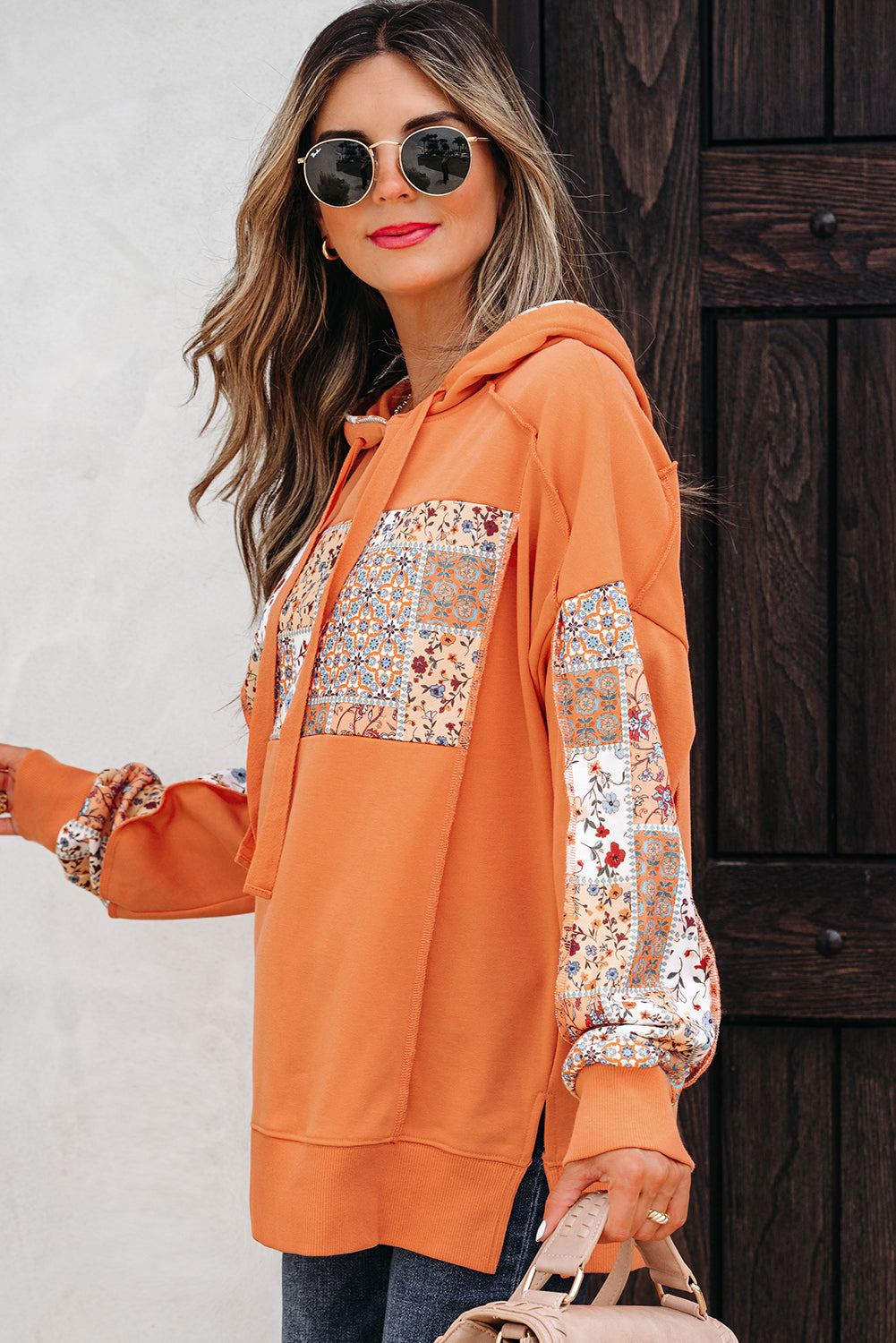 Mix Floral Patchwork Side Slit Drawstring Hoodie