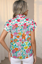 Sky Blue Floral Print Split Neck Button Front Flutter Sleeve Blouse