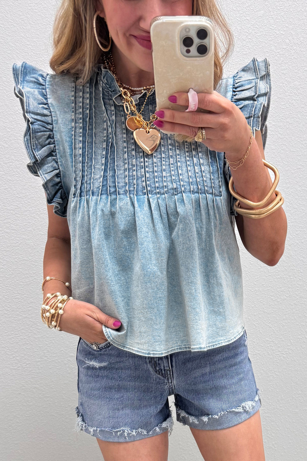 Beau Blue Ruffle Pleated Detail Vintage Washed Denim Top