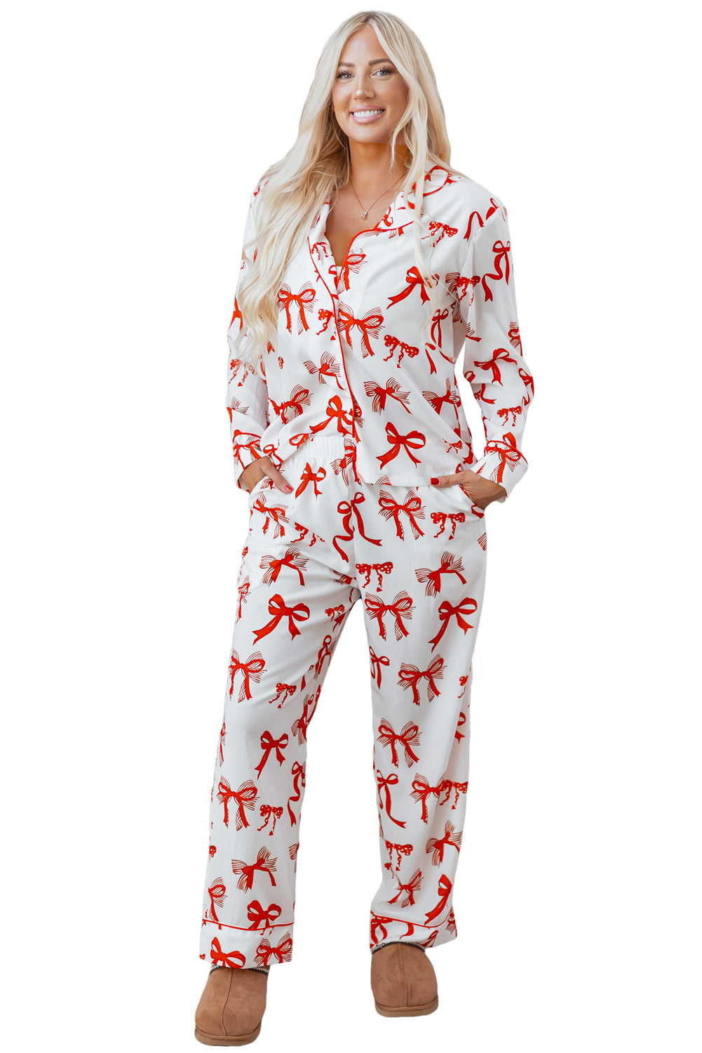 Red Christmas Bow Print Long 2pcs Pajama Set