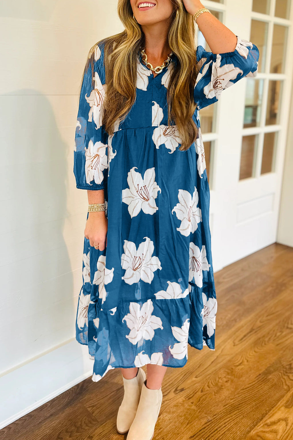 Blue Floral Print Shirt Collar V Neck 3/4 Sleeve Shift Midi Dress