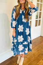 Blue Floral Print Shirt Collar V Neck 3/4 Sleeve Shift Midi Dress