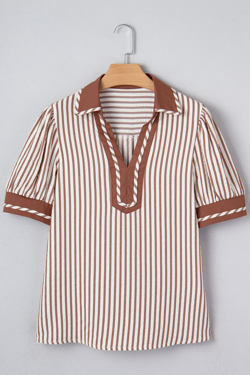 Khaki Stripe Collared Split Neck Short Bubble Sleeve Blouse