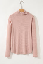 Pale Chestnut Horizontal Twist Ribbed Drawstring Cowl Neck Knit Top