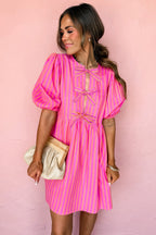 Rose Striped Print Bow Detail Short Puff Sleeve Mini Dress