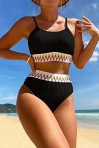 Black Textured Contrast Banding Bikini High Waist 2pcs Swimsuit