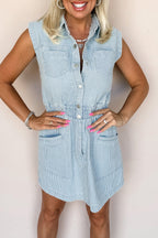 Sky Blue Stripe Collared Button Front Sleeveless Denim Mini Dress
