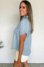 Sky Blue Stripe Cuffed Short Sleeve Button up Loose Shirt