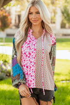 Pink Boho Mixed Floral Drop Shoulder Bubble Sleeve Blouse